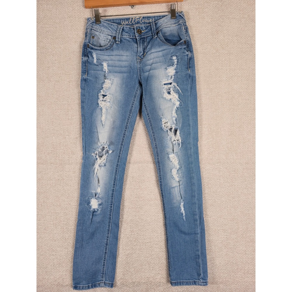 WallFlower Womens Size 3‎ Skinny Distressed Medium Wash Blue Denim Jeans 27x28